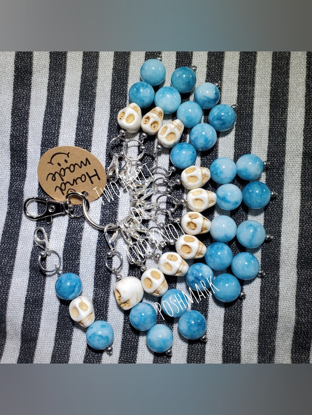 Skulls & Blue - 12pcs Glass Beaded Charms - Stainless Steel Stitch Marker Zipper